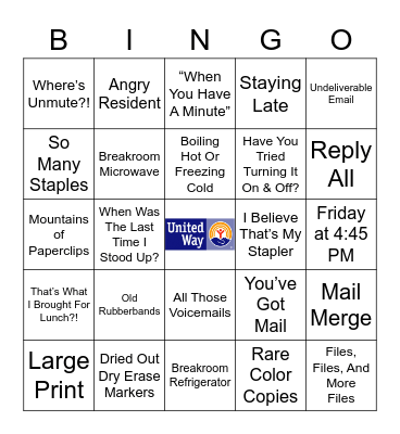 Just Another Day At Work 2020 United Way Fundraiser Bingo Card