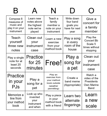 Beechwood 7th Grade Winter Break BANDO Bingo Card