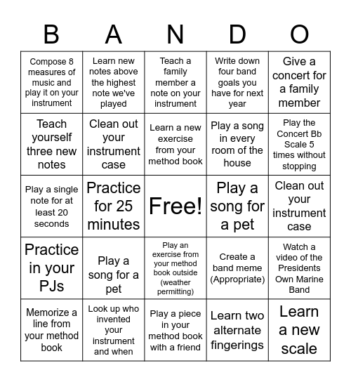 Beechwood 7th Grade Winter Break BANDO Bingo Card