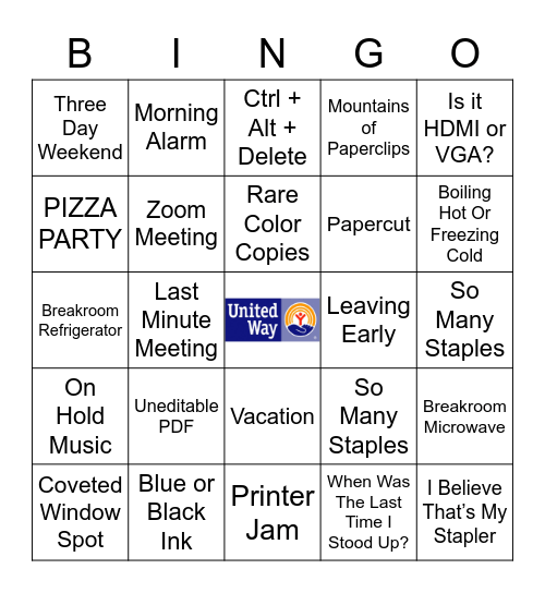 Just Another Day At Work 2020 United Way Fundraiser Bingo Card