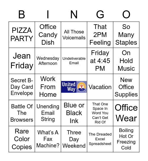 Just Another Day At Work 2020 United Way Fundraiser Bingo Card