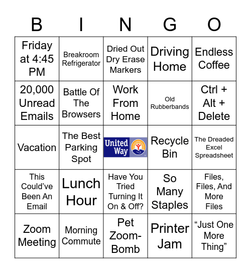 Just Another Day At Work 2020 United Way Fundraiser Bingo Card