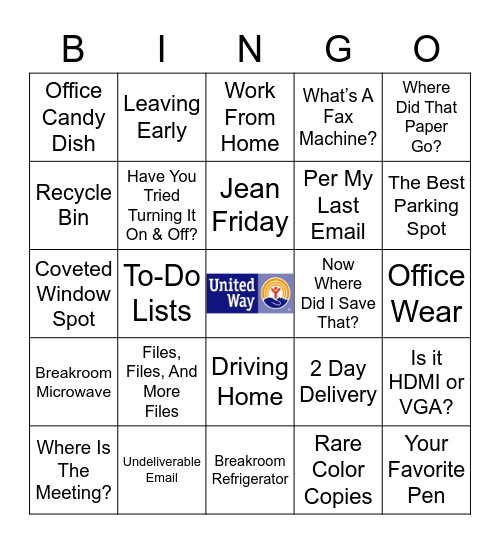 Just Another Day At Work 2020 United Way Fundraiser Bingo Card