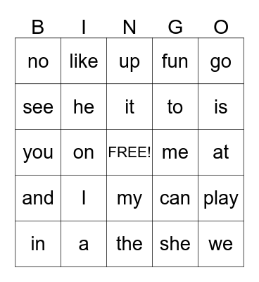 Beginning Sight Words Bingo Card