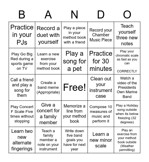 Beechwood 8th Grade Winter Break BANDO Bingo Card