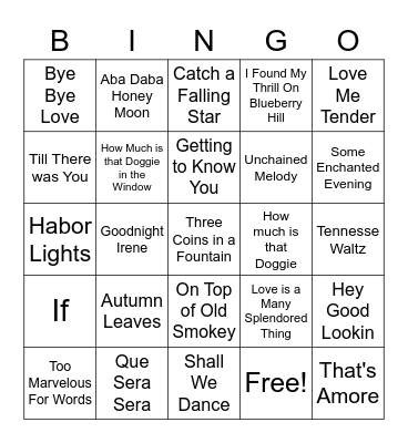 Music Bingo 1950s Bingo Card