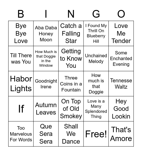 Music Bingo 1950s Bingo Card