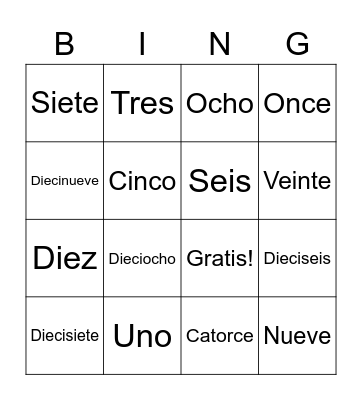 Los Numeros 0-20 Bingo Card