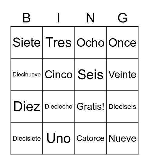Los Numeros 0-20 Bingo Card