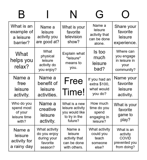 Leisure Bingo Card