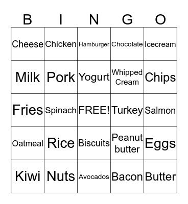 Special Diets Bingo Card
