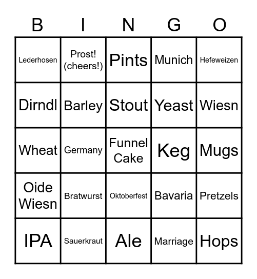 Beer and Brats Bingo Card