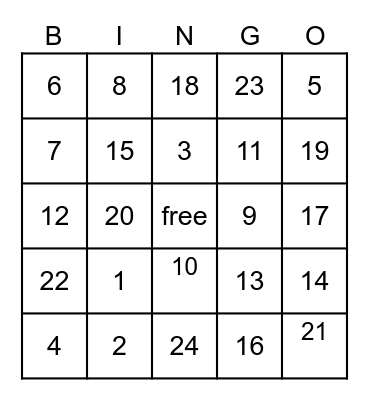 Numbers are fun Bingo Card