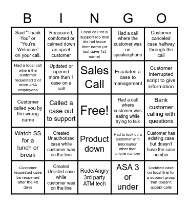 Customer Service Bingo Card