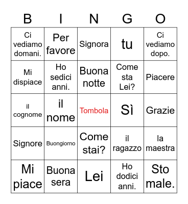 I Saluti - Greetings Bingo Card
