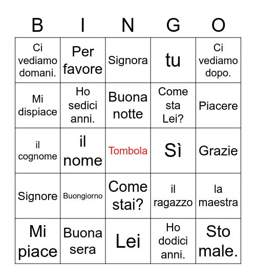 I Saluti - Greetings Bingo Card