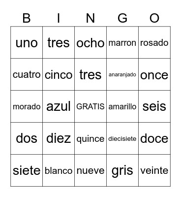 Los Colores y Los Numeros Bingo Card