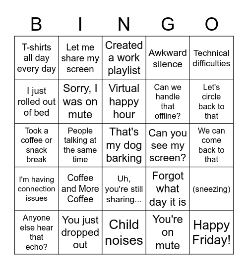 Work From Home Bingo Card