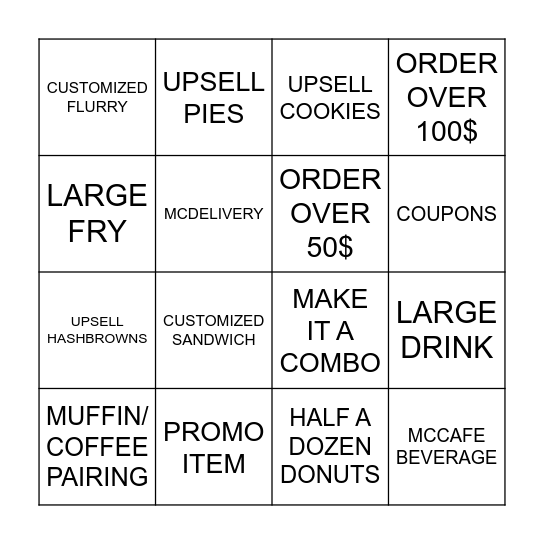 McDonald's Bingo Card