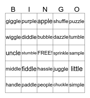 Final Stable Syllable -le Bingo Card