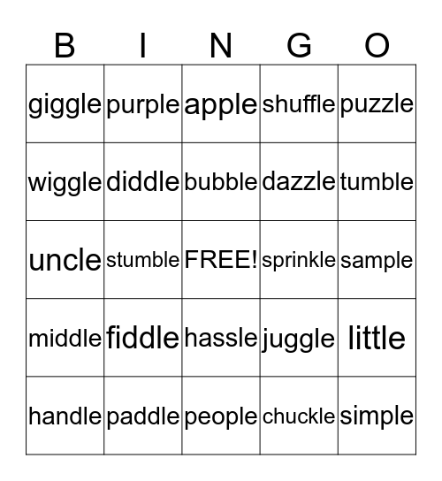 Final Stable Syllable -le Bingo Card