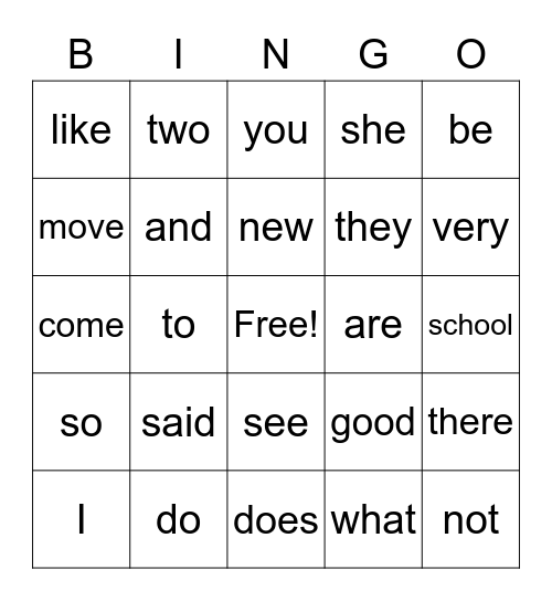 Sight Word BINGO Card