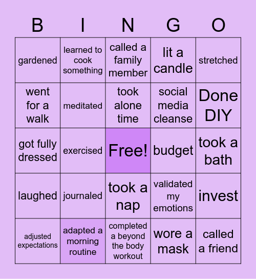 Beyond the Body Self Care Bingo Card