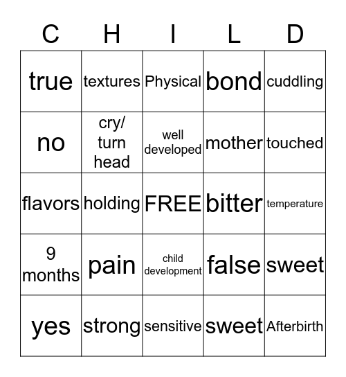 Child development  Bingo Card