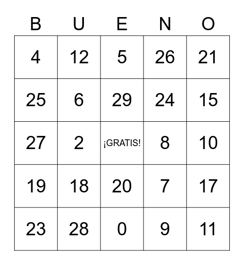 Numbers 1 - 30 Bingo Card