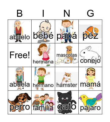 Family and Pets Spanish Bingo Card