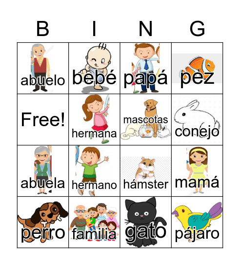 Family and Pets Spanish Bingo Card