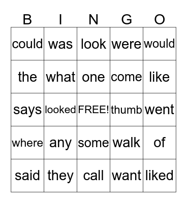 Sight Words Bingo Card
