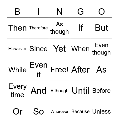 Conjunctions Bingo Card