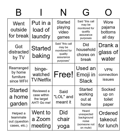 Working from Home Bingo Card