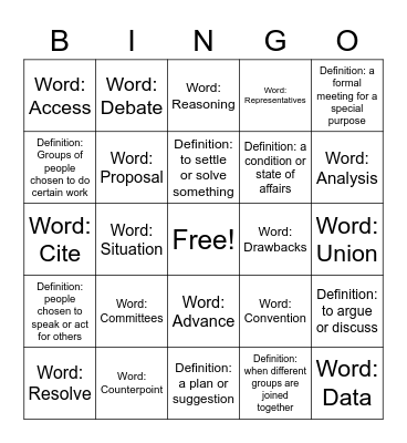 Vocabulary Bingo Card