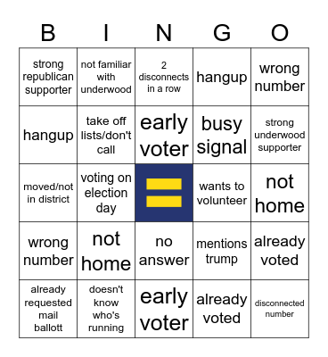 HRC Chicago Underwood Phone Bank Bingo Card