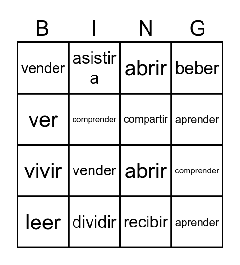 er & ir verb infinitives Bingo Card