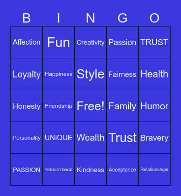 What Are Your Core Values? Bingo Card