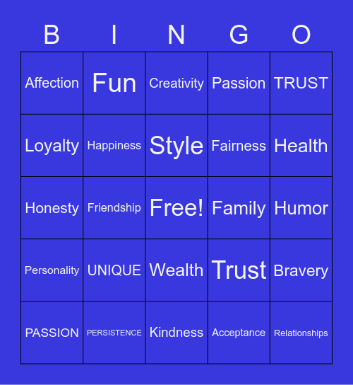 What Are Your Core Values? Bingo Card