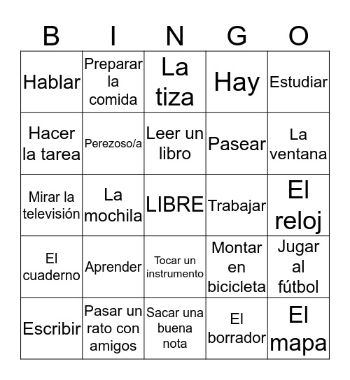 Verbos y vocabulario Bingo Card