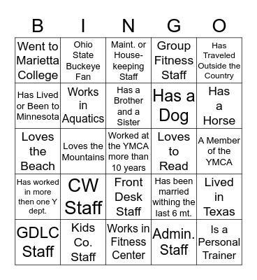 YMCA Get To Know Staff Bingo Card