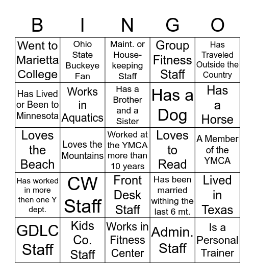 YMCA Get To Know Staff Bingo Card