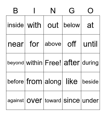 Prepositions Bingo Card