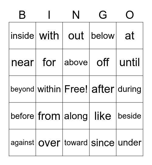 Prepositions Bingo Card