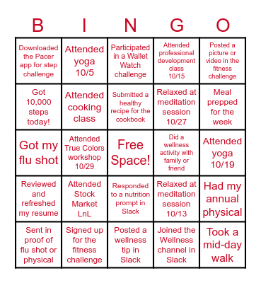 NFLPA Wellness Month BINGO Card