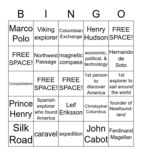 Explorers  Bingo Card