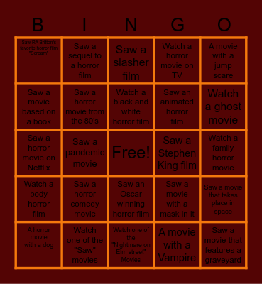 Horror Movie Bingo Card