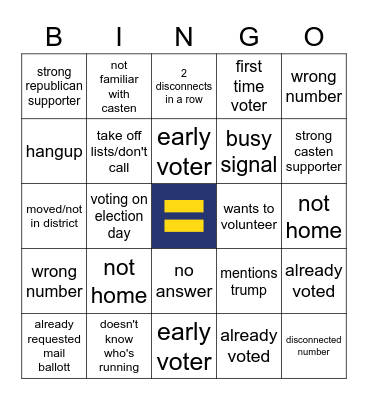 HRC Chicago Casten Phone Bank Bingo Card