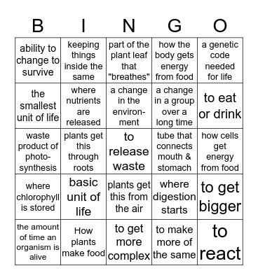 Living Things Bingo Card