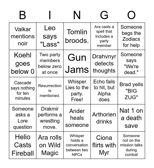 Sisters of Sorrow Bingo Card